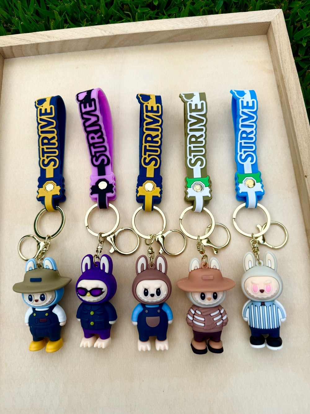 Cute Labubu Rabbit Keychain with Blue Strap - STRIVE-Silicone Cartoon Pet Charm